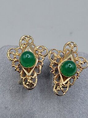 Vintage 1972 Sarah Coventry Peking Faux Jade Gold-Tone Filigree Clip-On Earrings